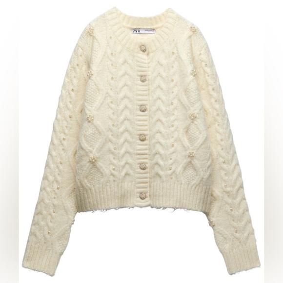 Zara Knit Pearl Cardigan in Cream/Ecru - Picture 6 of 6